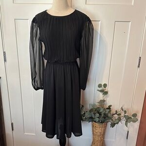 Vintage Boston Maid Elegant Black Pleated 14 sheer arms elastic waist cuff Dress